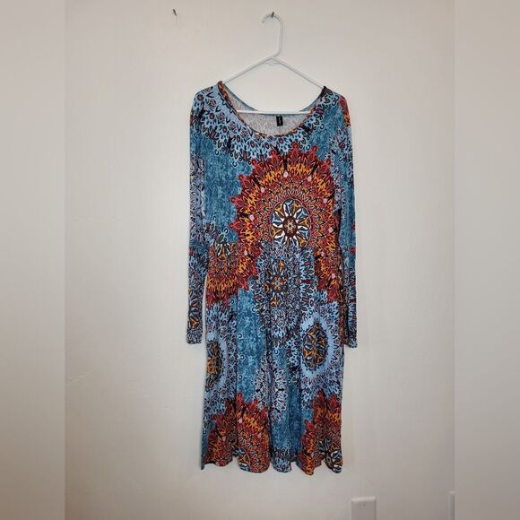 Boho Midi Dress Jersey Knit Colorful Geo Indie Casual Hippie Gypsy Pockets XL - Picture 6 of 11